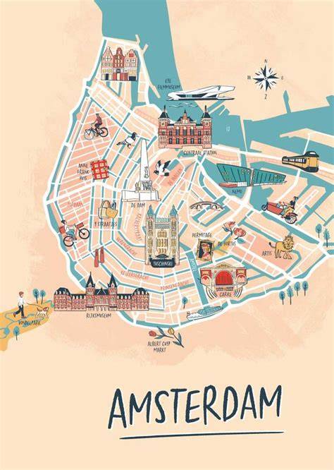 illustratie kaart van Amsterdam met kustlijn en Arena