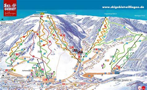kaart van Willingen en omgeving (skigebied, pistes en dorpscentrum)