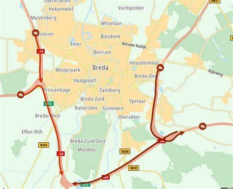 Beeld van Breda en omgeving met snelwegen