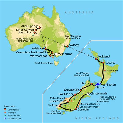 kaart van Amsterdam naar Auckland reisroute