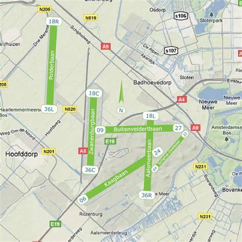 kaart met ligging van start- en landingsbanen