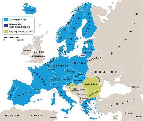 kaart van Schengenlanden en EU/EER