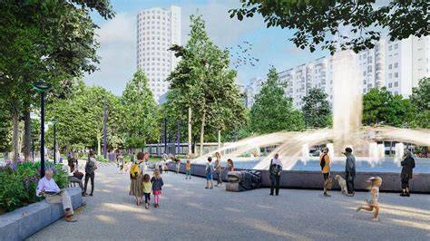 Qaqortoq stadsplein met fontein en haven