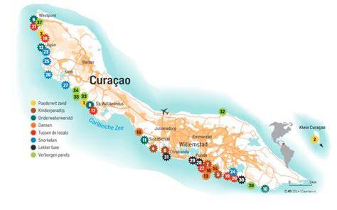 kaart van Curaçao met belangrijkste badplaatsen