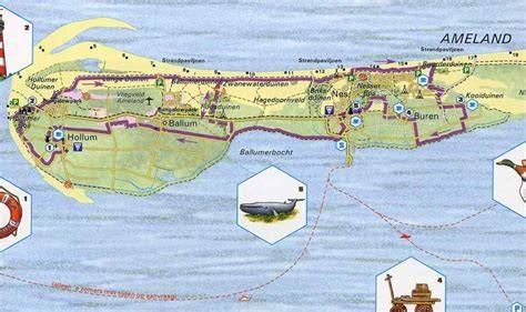Kaart met wandelroutes Ameland Nes