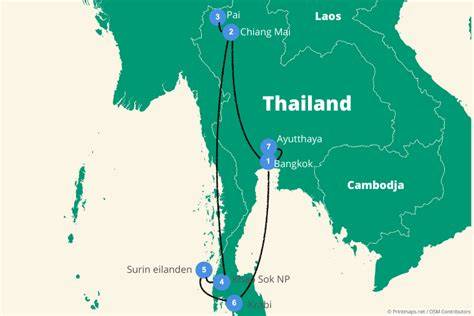 kaart van Thailand reisroute en hoogtespunten