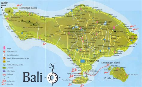 kaart van Bali met populaire bestemmingen