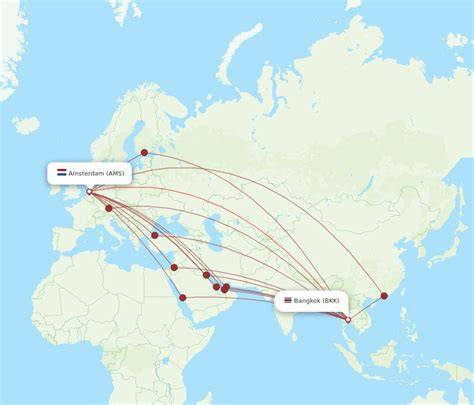 Kaart met AMS naar Bangkok route en tussenstops